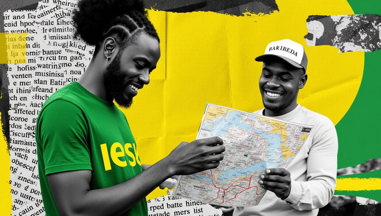 Jamaican men looking a casino tourism map.